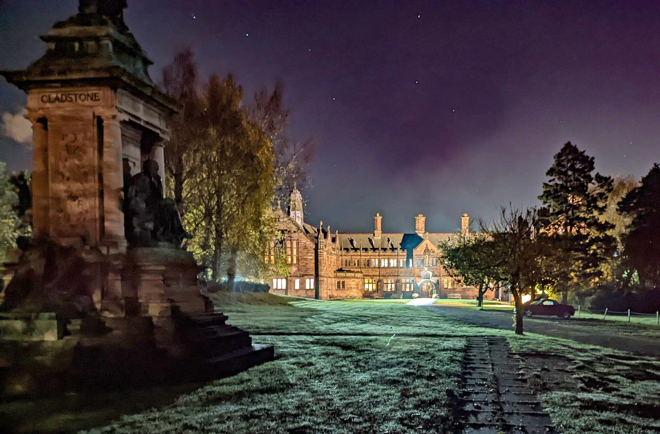 A view of the Library building in the misty dark
