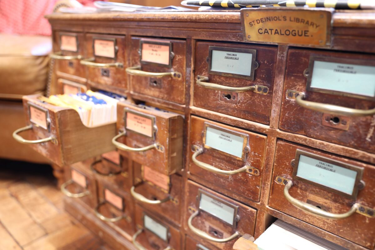 A picture of the antique card catalogue at Gladstone's Library.